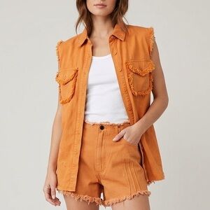Rare Vintage 90s Denim Vest & Shorts Set - Orange - Medium